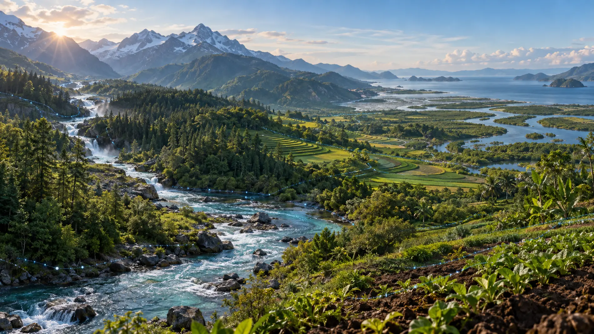 Natural panorama of mountains, forests, rivers, farmland and coastal ecosystems